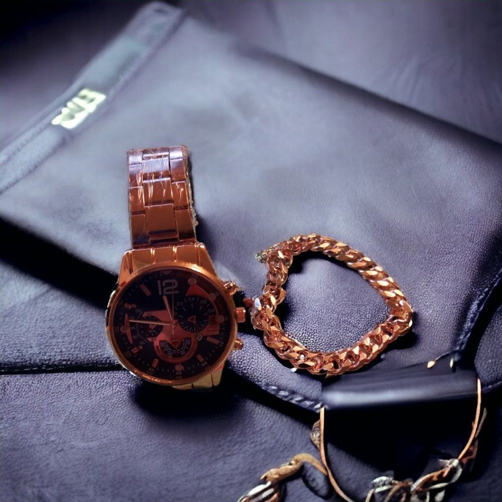 NWOT Men's Rose Gold Plated Geneva Watch and Chain Bracelet